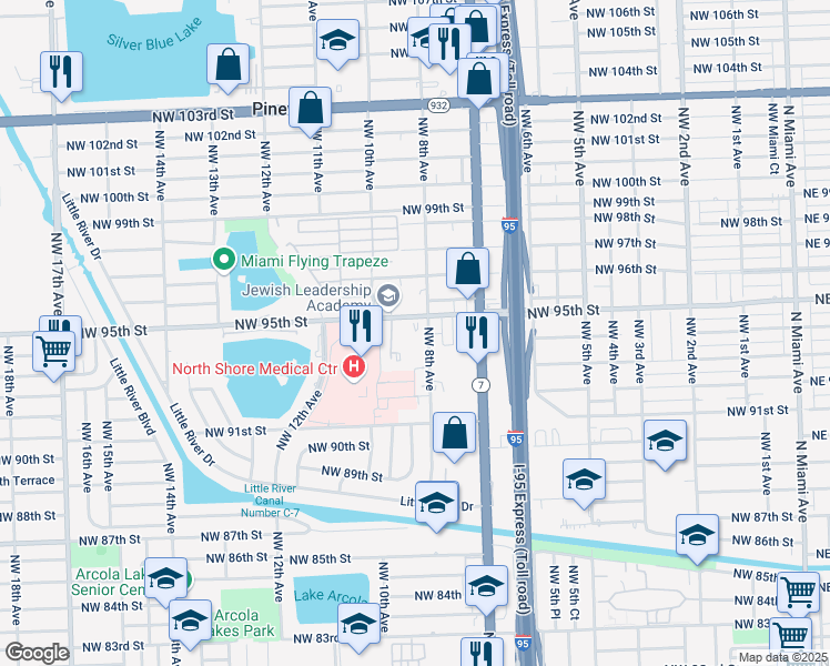 map of restaurants, bars, coffee shops, grocery stores, and more near 800 Northwest 95th Street in Miami