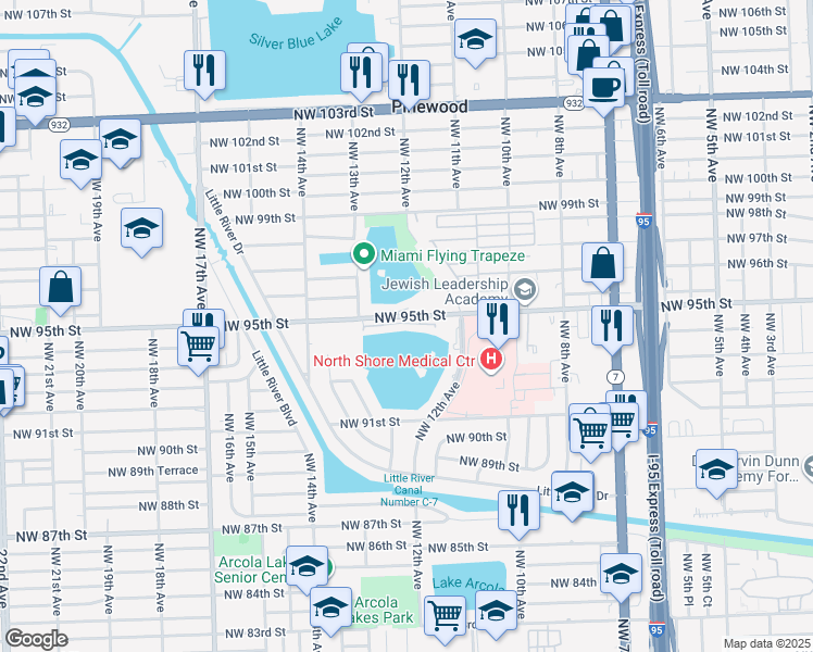 map of restaurants, bars, coffee shops, grocery stores, and more near 1270 Northwest 95th Street in Miami