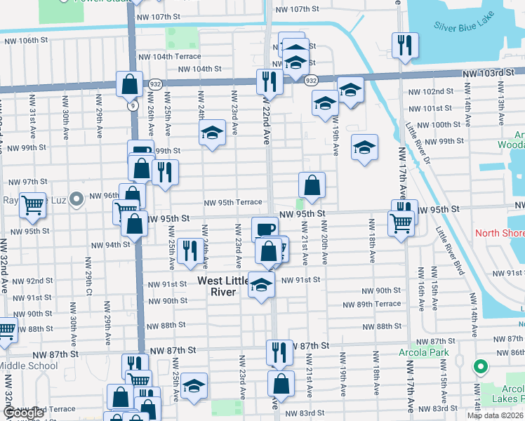 map of restaurants, bars, coffee shops, grocery stores, and more near 2246 Northwest 95th Terrace in Miami