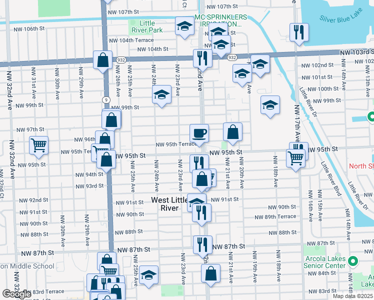 map of restaurants, bars, coffee shops, grocery stores, and more near 2246 Northwest 95th Terrace in Miami