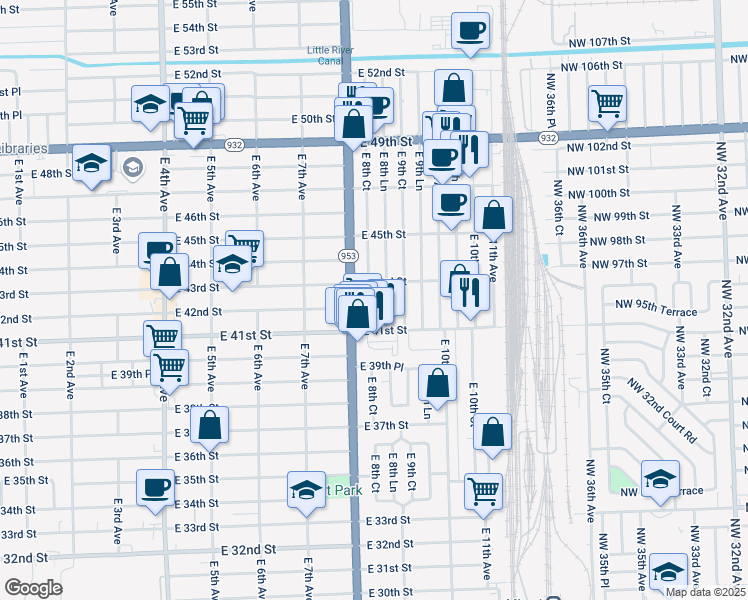map of restaurants, bars, coffee shops, grocery stores, and more near 4265 East 8th Lane in Hialeah