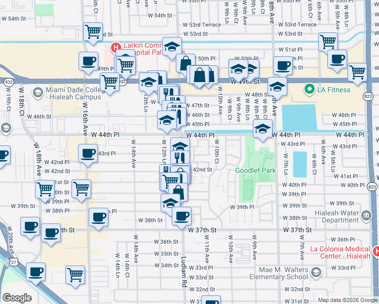 map of restaurants, bars, coffee shops, grocery stores, and more near 1088 West 44th Street in Hialeah