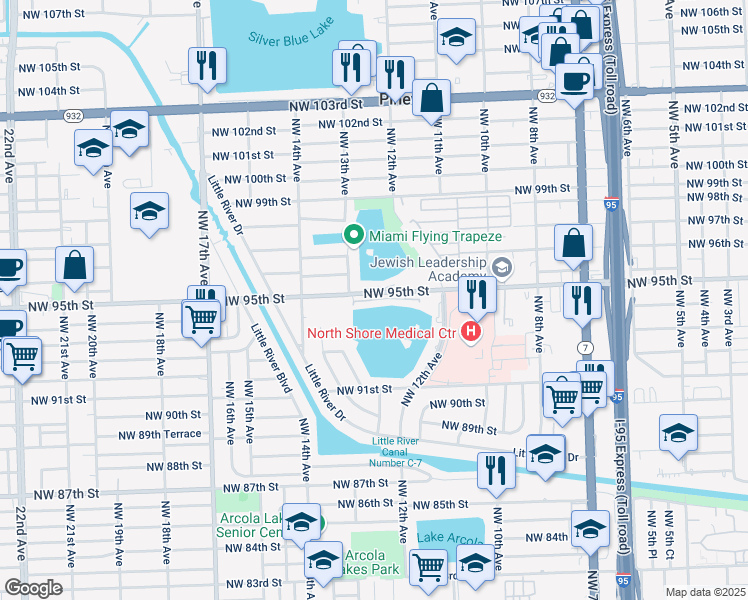 map of restaurants, bars, coffee shops, grocery stores, and more near 1270 Northwest 95th Street in Miami