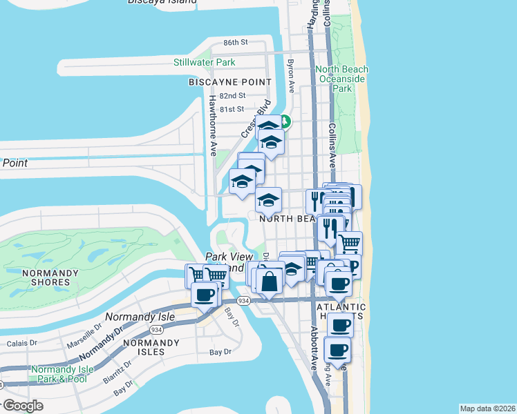 map of restaurants, bars, coffee shops, grocery stores, and more near 7620 Dickens Avenue in Miami Beach