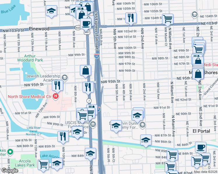 map of restaurants, bars, coffee shops, grocery stores, and more near 544 Northwest 95th Street in Miami