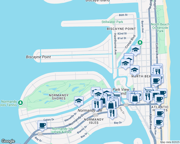 map of restaurants, bars, coffee shops, grocery stores, and more near 315 North Shore Drive in Miami Beach
