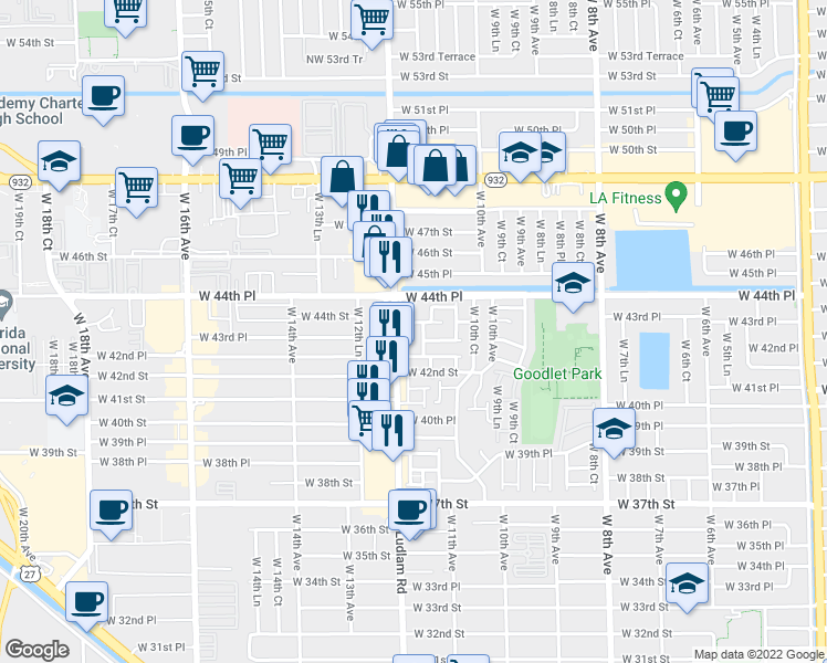 map of restaurants, bars, coffee shops, grocery stores, and more near 1088 West 44th Street in Hialeah