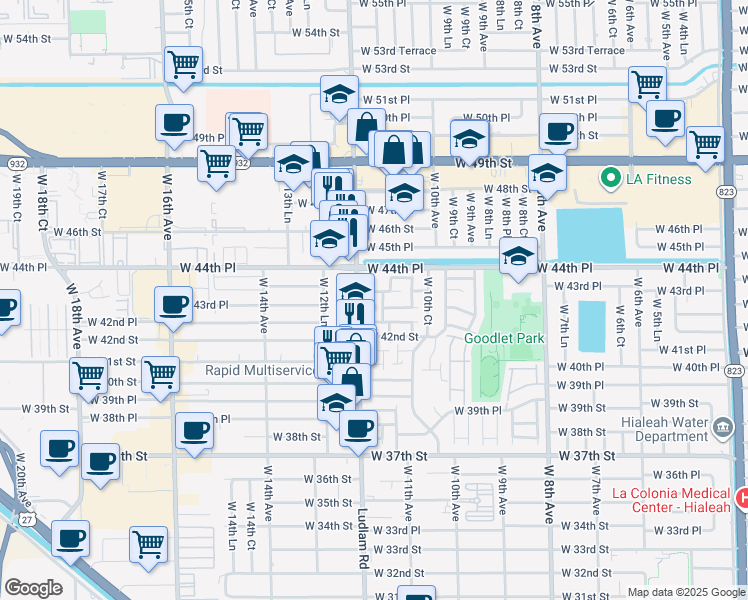 map of restaurants, bars, coffee shops, grocery stores, and more near 1088 West 44th Street in Hialeah