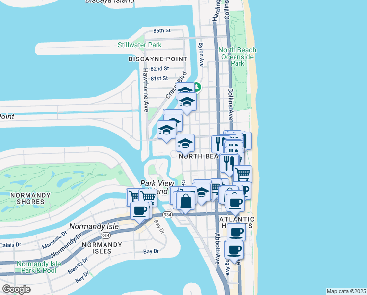 map of restaurants, bars, coffee shops, grocery stores, and more near 7620 Dickens Avenue in Miami Beach