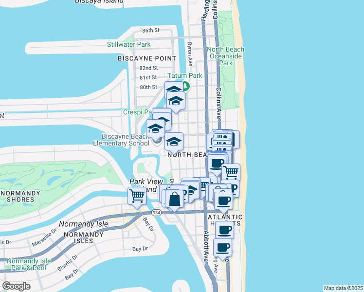 map of restaurants, bars, coffee shops, grocery stores, and more near 7605 Carlyle Avenue in Miami Beach