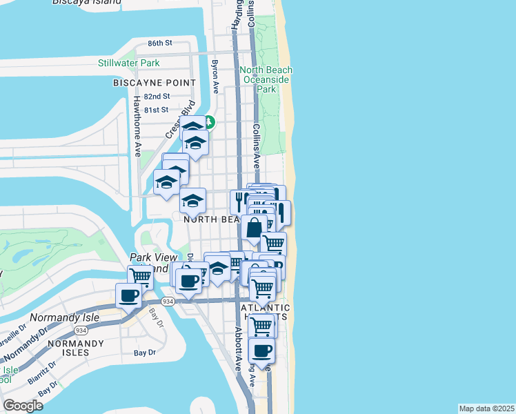 map of restaurants, bars, coffee shops, grocery stores, and more near Collins Ave & 76th St in Miami Beach