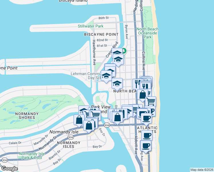 map of restaurants, bars, coffee shops, grocery stores, and more near 800 77th Street in Miami Beach