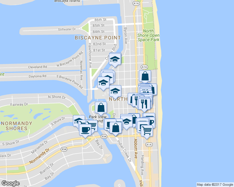 map of restaurants, bars, coffee shops, grocery stores, and more near 7620 Dickens Avenue in Miami Beach