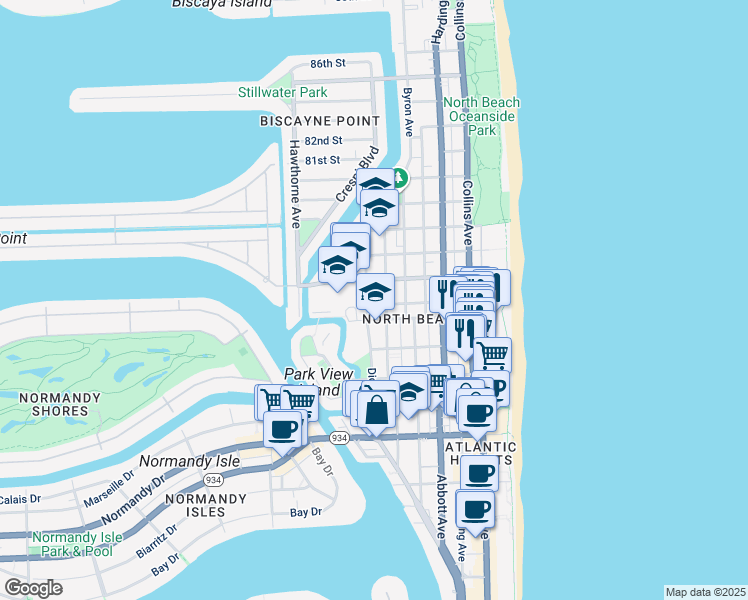 map of restaurants, bars, coffee shops, grocery stores, and more near 7620 Dickens Avenue in Miami Beach