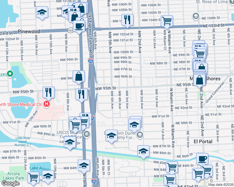 map of restaurants, bars, coffee shops, grocery stores, and more near 9416 Northwest 4th Avenue in Miami