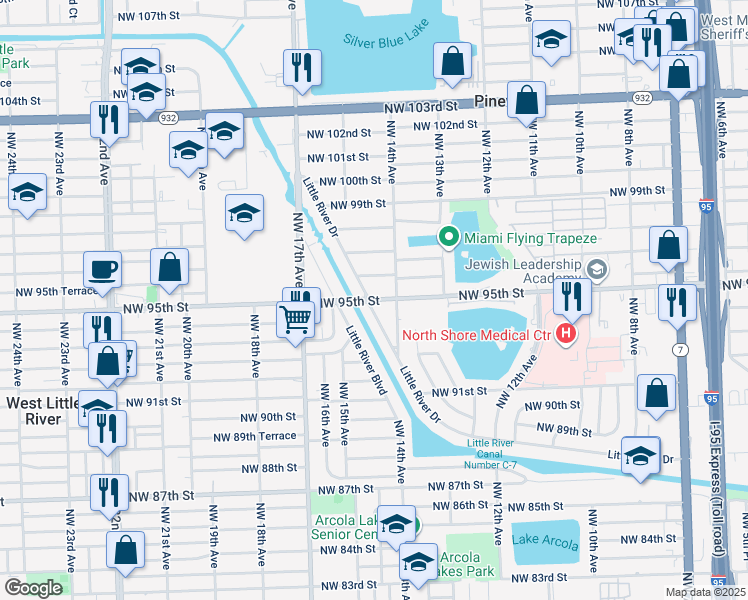 map of restaurants, bars, coffee shops, grocery stores, and more near 9505 Little River Drive in Miami