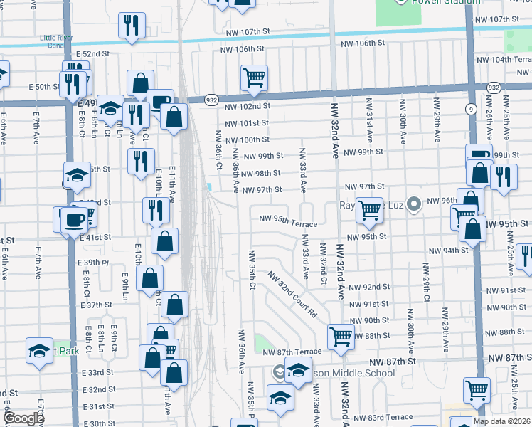 map of restaurants, bars, coffee shops, grocery stores, and more near 3450 Northwest 96th Street in Miami