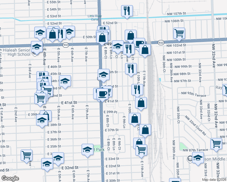 map of restaurants, bars, coffee shops, grocery stores, and more near 4265 East 8th Lane in Hialeah