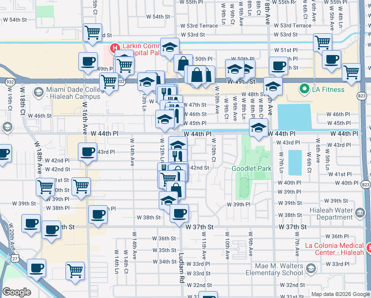 map of restaurants, bars, coffee shops, grocery stores, and more near 1088 West 44th Street in Hialeah