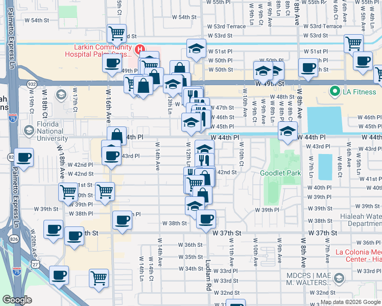 map of restaurants, bars, coffee shops, grocery stores, and more near 4390 West 12th Lane in Hialeah
