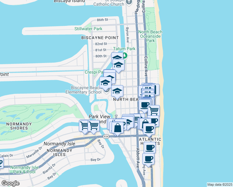 map of restaurants, bars, coffee shops, grocery stores, and more near 7620 Dickens Avenue in Miami Beach