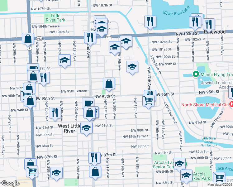 map of restaurants, bars, coffee shops, grocery stores, and more near 1907 Northwest 95th Street in Miami