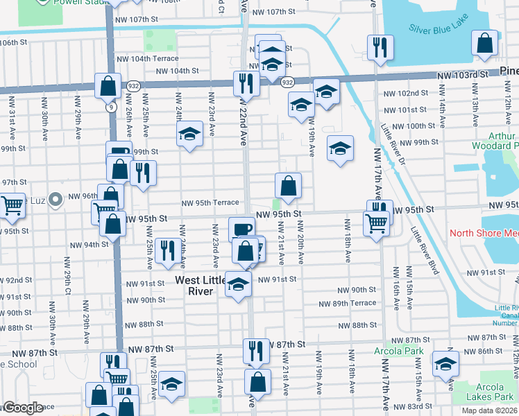 map of restaurants, bars, coffee shops, grocery stores, and more near 2101 Northwest 95th Street in Miami