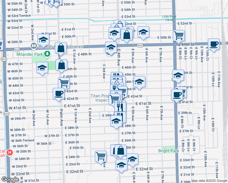 map of restaurants, bars, coffee shops, grocery stores, and more near 390 East 43rd Street in Hialeah