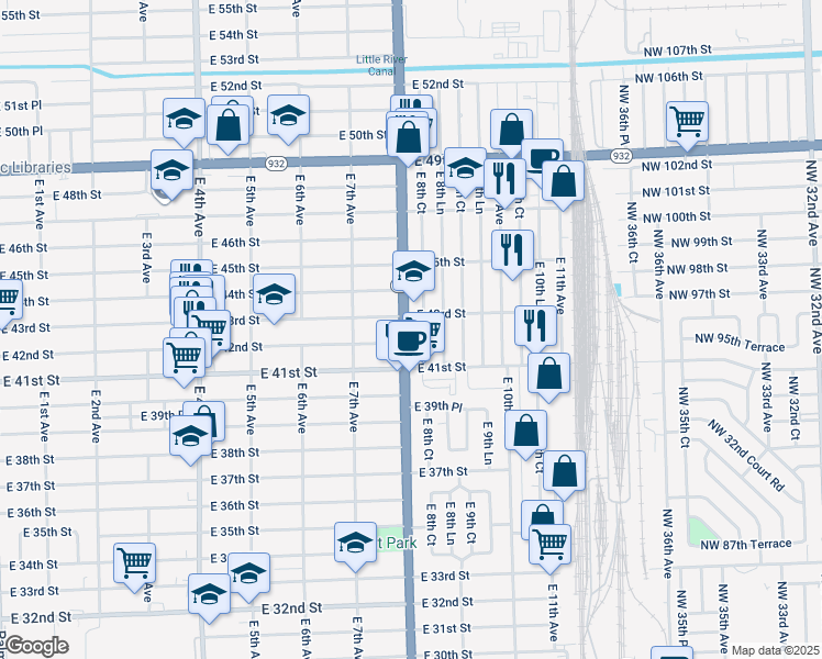 map of restaurants, bars, coffee shops, grocery stores, and more near 4265 East 8th Avenue in Hialeah