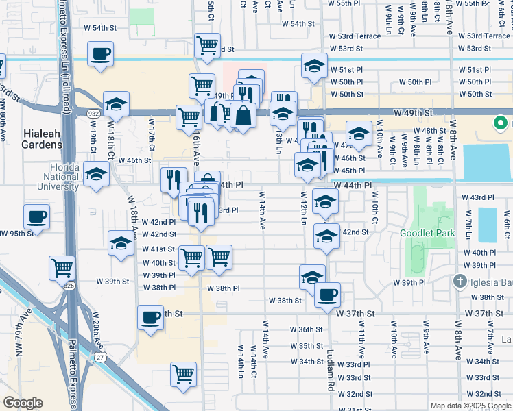 map of restaurants, bars, coffee shops, grocery stores, and more near 1430 West 44th Street in Hialeah