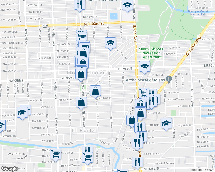map of restaurants, bars, coffee shops, grocery stores, and more near 384 Northeast 94th Street in Miami Shores