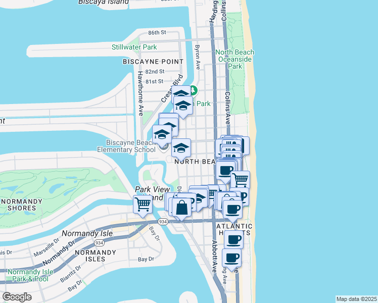 map of restaurants, bars, coffee shops, grocery stores, and more near 7607 Carlyle Avenue in Miami Beach