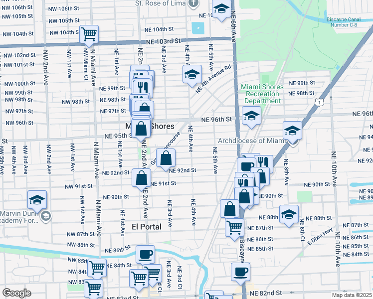 map of restaurants, bars, coffee shops, grocery stores, and more near 384 Northeast 94th Street in Miami Shores