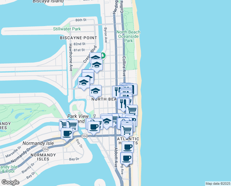 map of restaurants, bars, coffee shops, grocery stores, and more near in Miami Beach