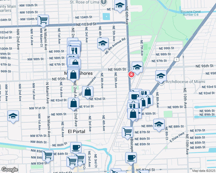 map of restaurants, bars, coffee shops, grocery stores, and more near 436 Northeast 94th Street in Miami Shores