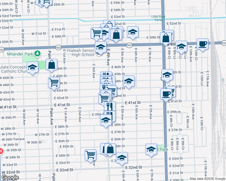 map of restaurants, bars, coffee shops, grocery stores, and more near 426 East 43rd Street in Hialeah