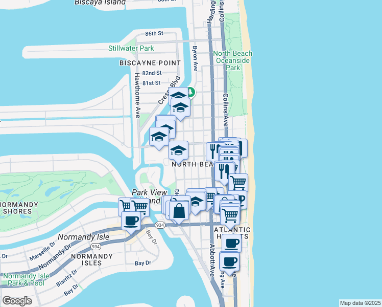 map of restaurants, bars, coffee shops, grocery stores, and more near 7610 Byron Avenue in Miami Beach