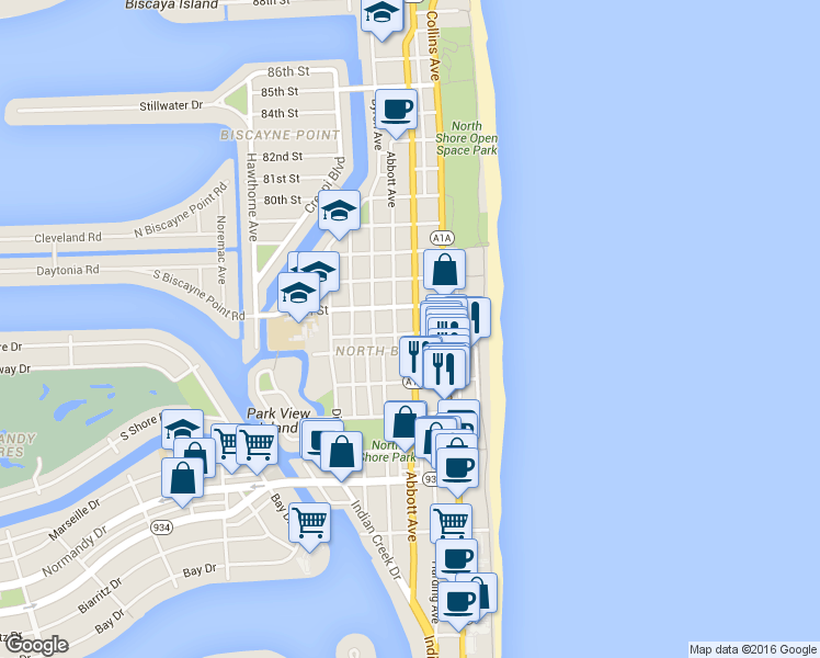 map of restaurants, bars, coffee shops, grocery stores, and more near in Miami Beach
