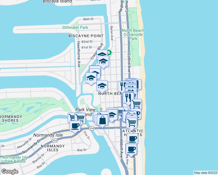 map of restaurants, bars, coffee shops, grocery stores, and more near 7620 Byron Avenue in Miami Beach