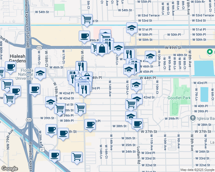 map of restaurants, bars, coffee shops, grocery stores, and more near 1430 West 44th Street in Hialeah