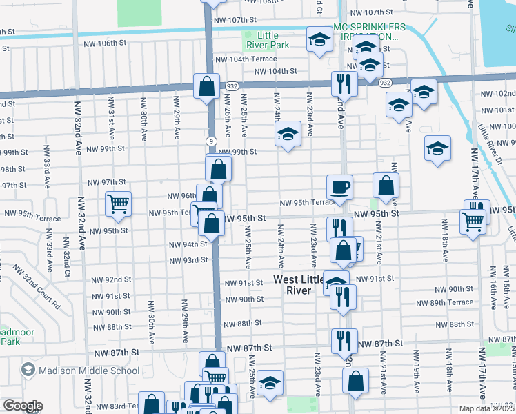 map of restaurants, bars, coffee shops, grocery stores, and more near 2482 Northwest 95th Terrace in Miami