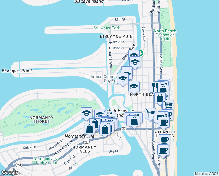 map of restaurants, bars, coffee shops, grocery stores, and more near 7620 Bayside Lane in Miami Beach