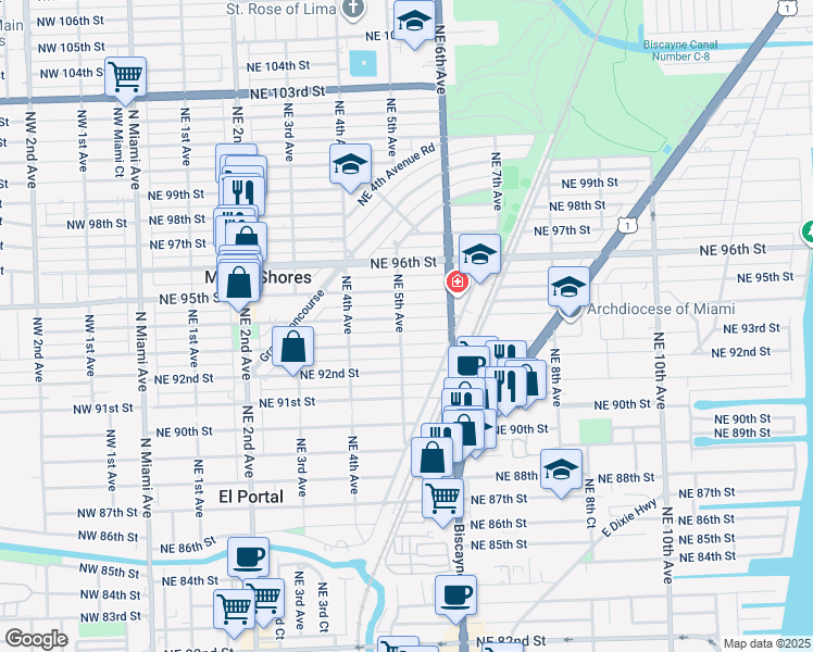 map of restaurants, bars, coffee shops, grocery stores, and more near 502 Northeast 94th Street in Miami Shores