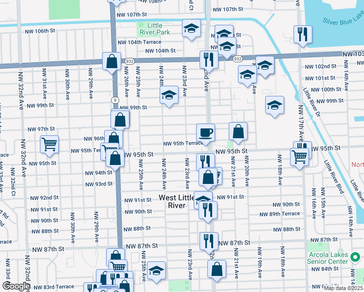 map of restaurants, bars, coffee shops, grocery stores, and more near 2320 Northwest 95th Terrace in Miami