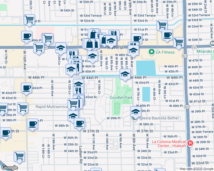 map of restaurants, bars, coffee shops, grocery stores, and more near 980 West 43rd Place in Hialeah