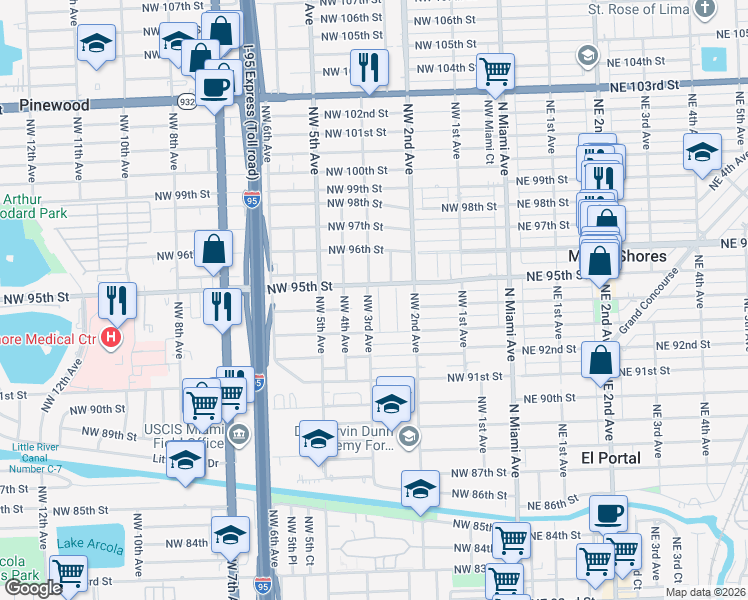map of restaurants, bars, coffee shops, grocery stores, and more near 9414 Northwest 2nd Place in Miami Shores