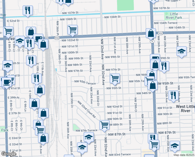 map of restaurants, bars, coffee shops, grocery stores, and more near 9580 Northwest 32nd Court in Miami