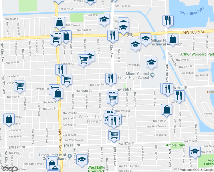 map of restaurants, bars, coffee shops, grocery stores, and more near 2246 Northwest 95th Terrace in Miami