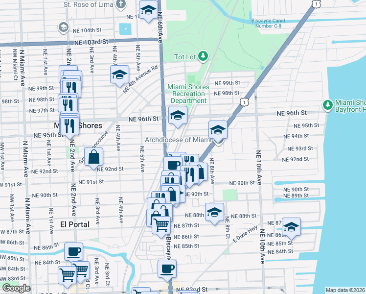 map of restaurants, bars, coffee shops, grocery stores, and more near 700 Northeast 94th Street in Miami Shores