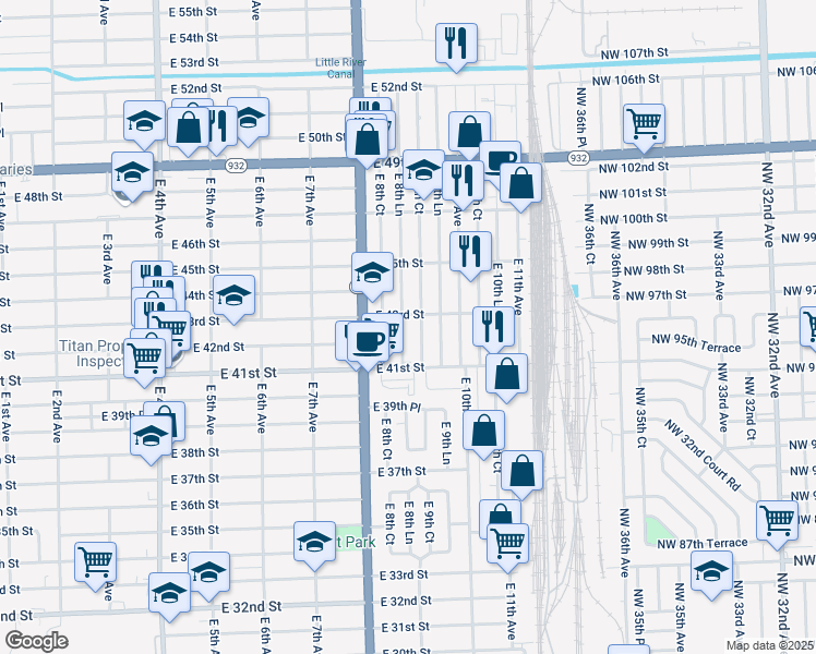 map of restaurants, bars, coffee shops, grocery stores, and more near 4265 East 8th Lane in Hialeah